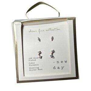 A New Day Demi Fine CZ Earrings Set 14K Gold Plated Sterling Silver Posts NWT